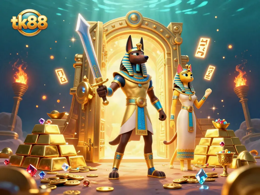 Join the adventure with tk88 as Anubis and Bastet treasure hunt amid gold and jewels in a vibrant casino world.