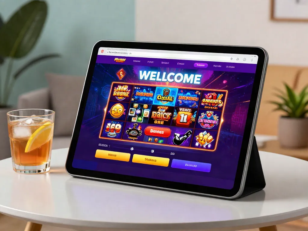 Engaging scene featuring non GamStop slots displayed on a tablet, with vibrant graphics and a stylish setting.