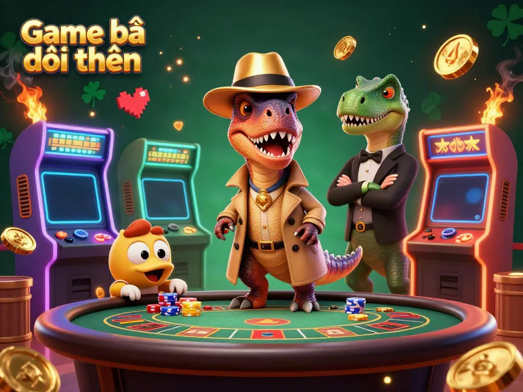 Engage in the exciting Game bài đổi thưởng with a 3D velociraptor at a blackjack table, surrounded by vibrant gaming elements.