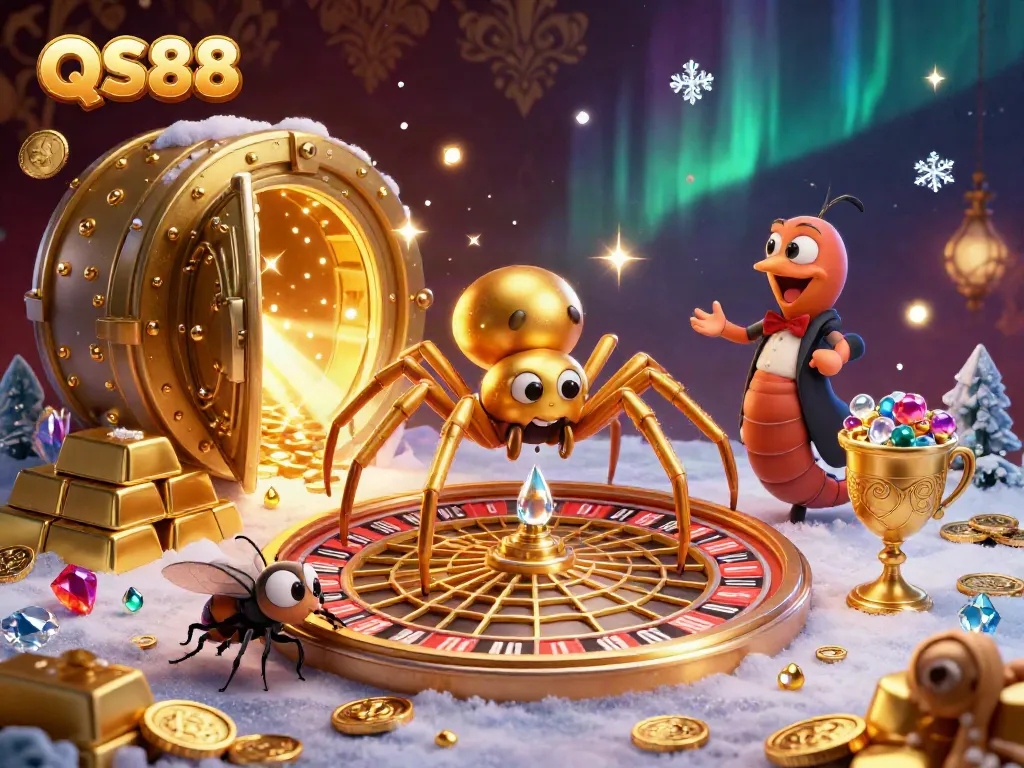 Experience thrilling bets at QS88 with a whimsical golden spider spinning a roulette wheel web.