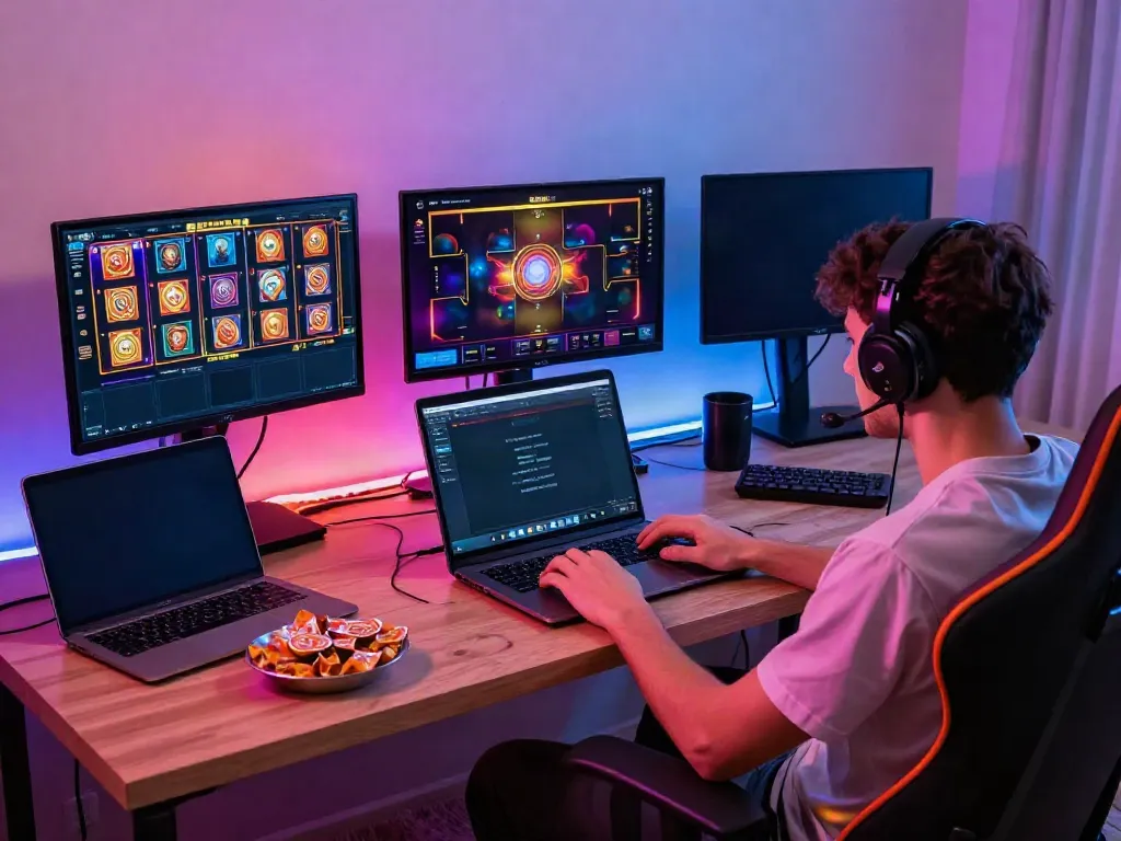 Individual enjoying non gamstop slots on a laptop in a stylish gaming setup with vibrant lighting