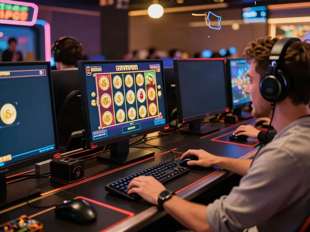 Excited gamer enjoying non Gamstop slots on a vibrant digital interface.
