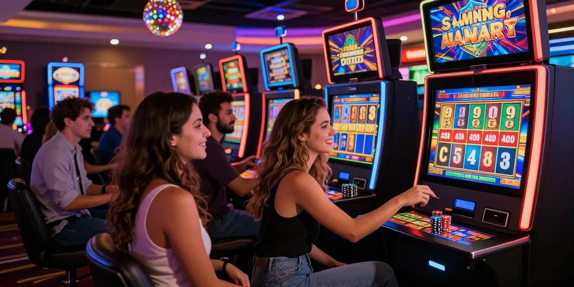 Social gaming scene showcasing players enjoying non gamstop slots at a lively casino venue.