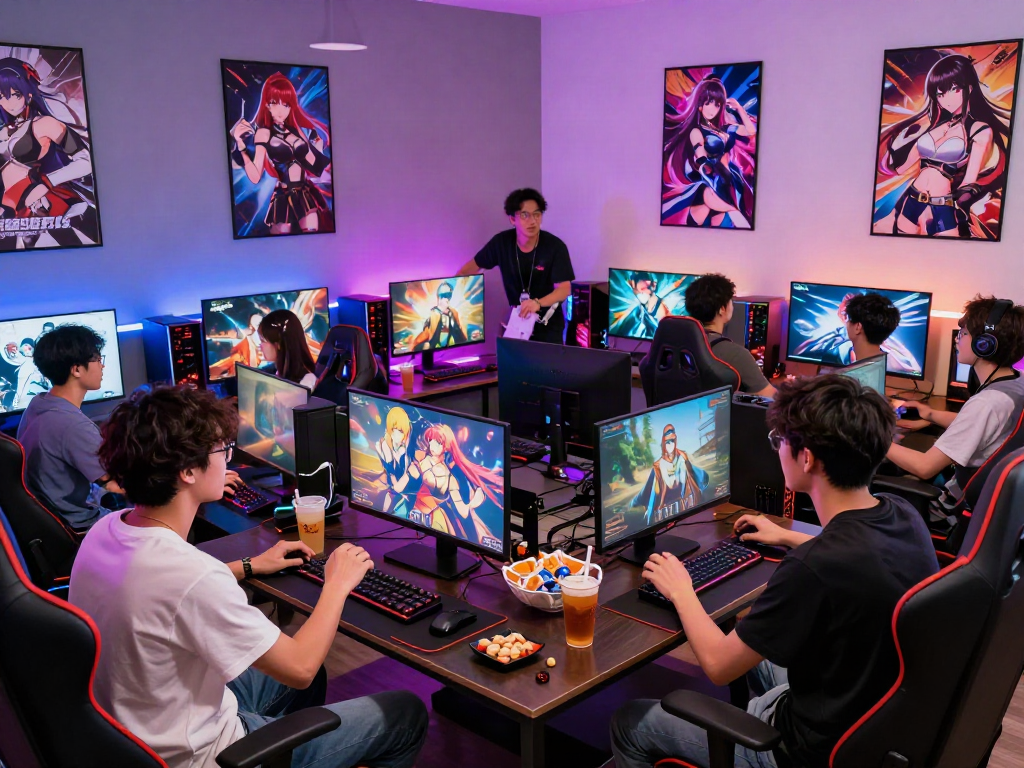 Friends engaged in playing popular hentai games in a vibrant gaming room.