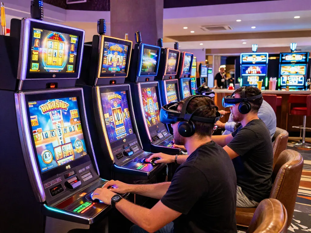 Diverse players enjoying non GamStop slots in a vibrant online casino atmosphere with colorful lights.