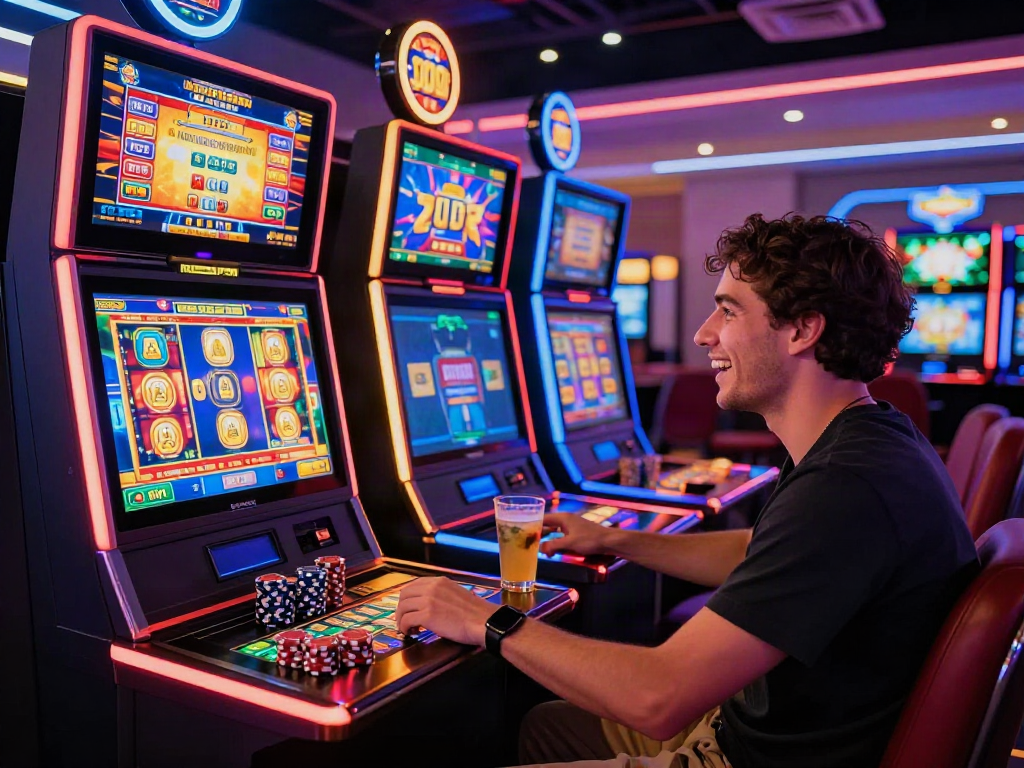 Engaging player at a non gamstop slots gaming desk, bright screens showcasing vibrant slot games.