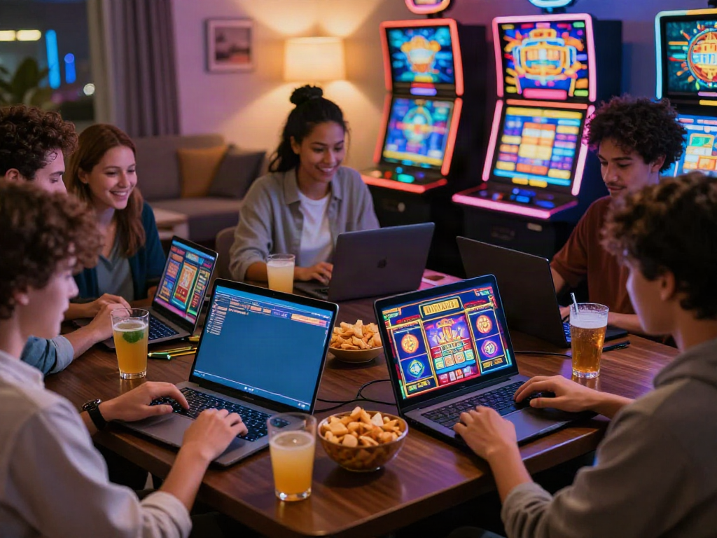 Exciting players engaged with non gamstop slots in modern living room.