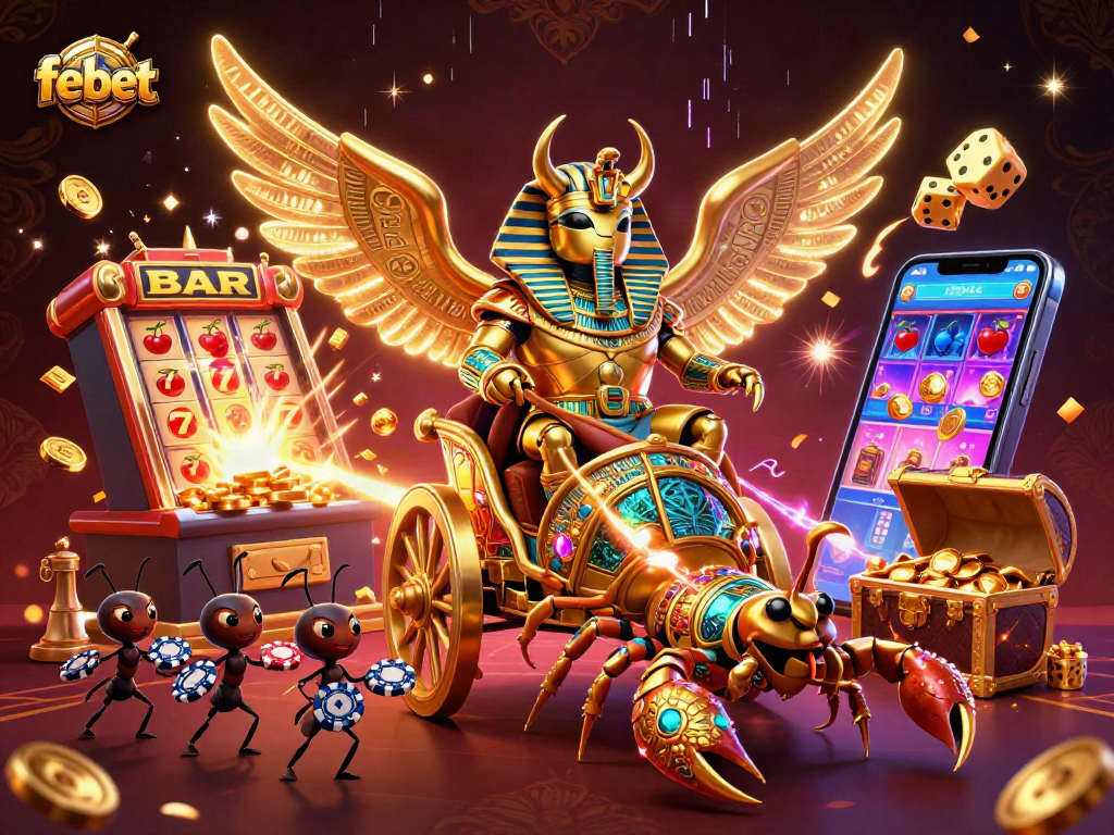 Febet slots jackpot celebration with a golden scarab and scorpions in a vibrant casino scene
