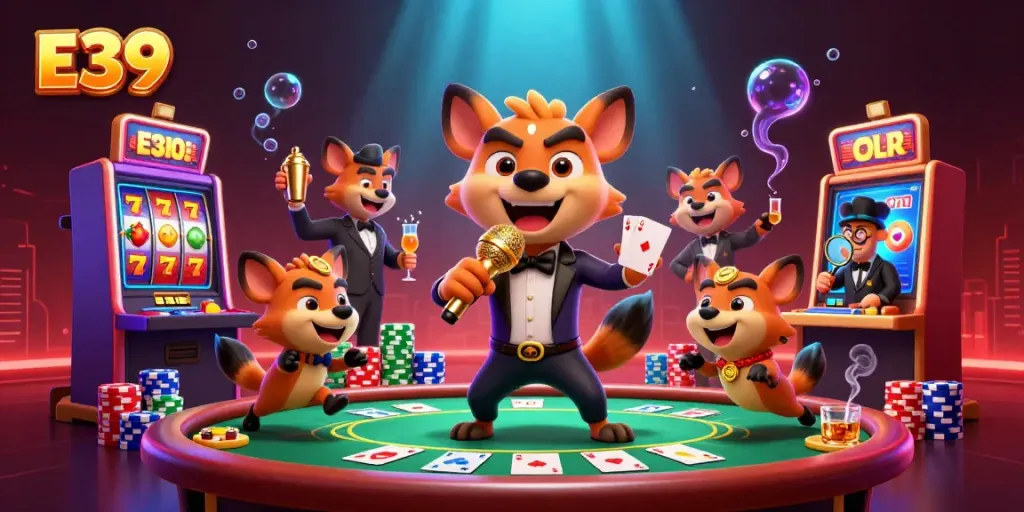 E39 casino hyenas comedy club scene showcasing vibrant slots, poker elements, and a lively atmosphere.