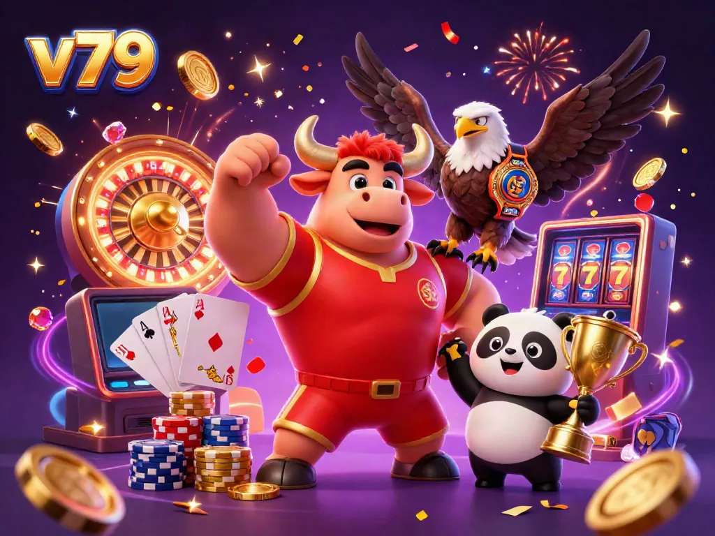 Experience thrilling gameplay at v79 with vibrant 3D casino characters celebrating victory amid sparkling coins and game action.