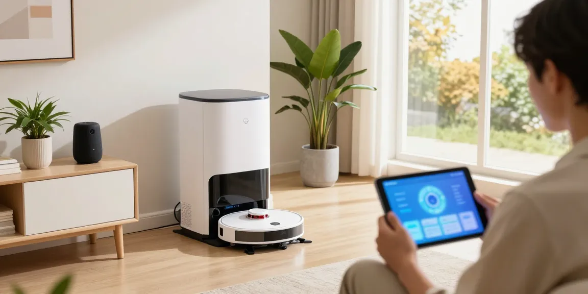 The innovative home robot efficiently managing household chores in a modern living room setting.