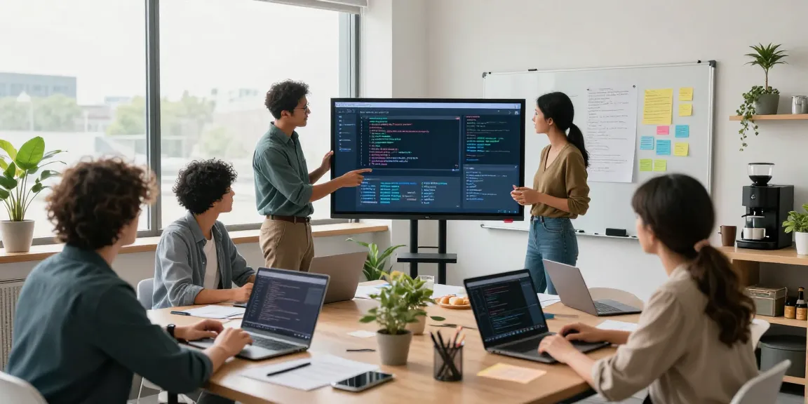 Team collaborating to build internal tools with AI in a modern office, showcasing teamwork and innovation.